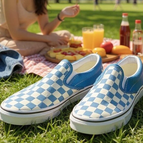 👟 Vans Classic Slip-On Checkerboard Sneakers Blue/White – Women’s 7 - Picture 1 of 10